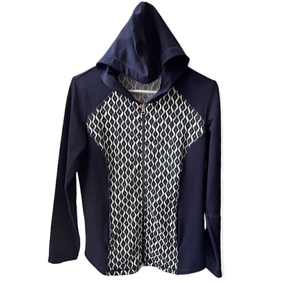 NWT ZENERGY by Chico’s Geometric Print Hoodie Full Zip Blue Jacket Women’s US 4 - Picture 1 of 8
